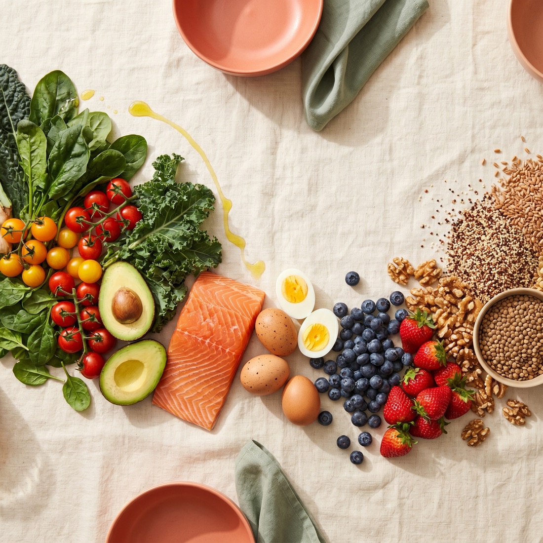 Spread de comida real: verduras, salmón, huevos, frutos rojos, frutos secos y grano integral